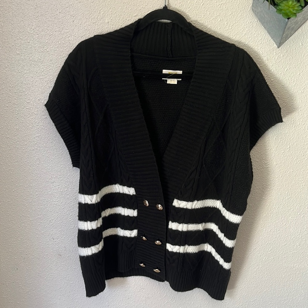 Anthropologie Black Short-Sleeve Cardigan with White Stripes